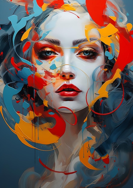 abstrakcyjna kobieta twarz włosy płyn szczegóły dynamiczny portret rysy twarzy czerwony niebieski pomarańczowy rozmazane