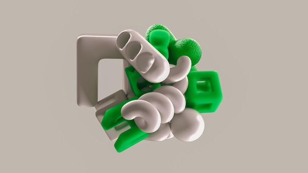 Abstrakcyjna kompozycja białych i zielonych obiektów geometrycznych w 3D na białym tle