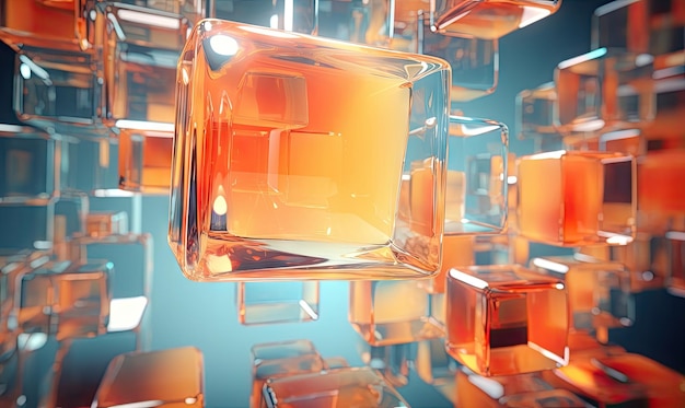 Abstrakcyjna kompozycja żywych pomarańczowych i niebieskich kostek 3D tworząca dynamiczną scenę na neutralnym tle łączącą sztukę i rzeczywistość ze stylem glassmorphism AI Generative