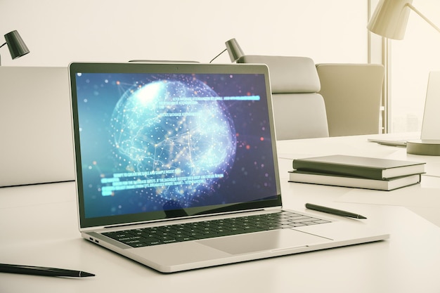 Abstrakcyjna koncepcja kreatywnego kodowania z mapą świata na ekranie nowoczesnego laptopa Renderowanie 3D