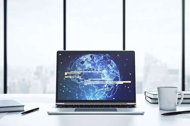Abstrakcyjna koncepcja kreatywnego kodowania z mapą świata na nowoczesnym ekranie laptopa Renderowanie 3D