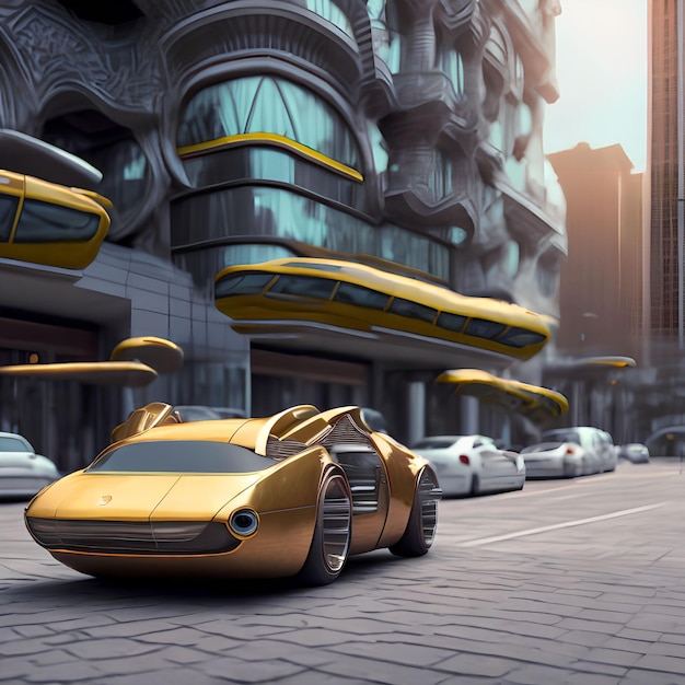 Abstrakcyjna koncepcja przyszłego samochodu w przyszłej sztuce generatywnej miasta autorstwa AI