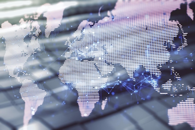 Abstrakcyjna kreatywna cyfrowa mapa świata na abstrakcyjnym tle metalowym koncepcja globalizacji Multiexposure