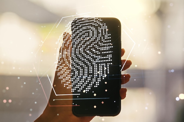 Zdjęcie abstrakcyjna kreatywna ilustracja odcisków palców i ręka z telefonem komórkowym na tle koncepcji osobistych danych biometrycznych