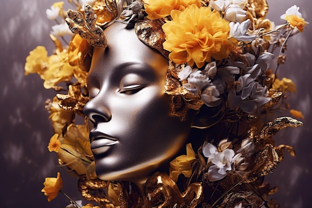 Abstrakcyjna, kreatywna ilustracja przedstawiająca metalową głowę kobiety z małym bukietem polnych kwiatów podświetloną na jasnym tle Generacyjna sztuczna inteligencja