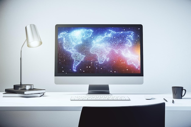 Abstrakcyjna kreatywna mapa świata na nowoczesnym ekranie laptopa koncepcja handlu międzynarodowego Renderowanie 3D