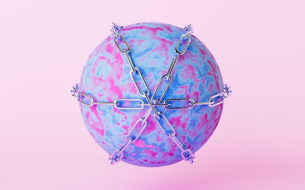 Abstrakcyjna kula i łańcuchy krawężników z różowym tłem renderowania 3d