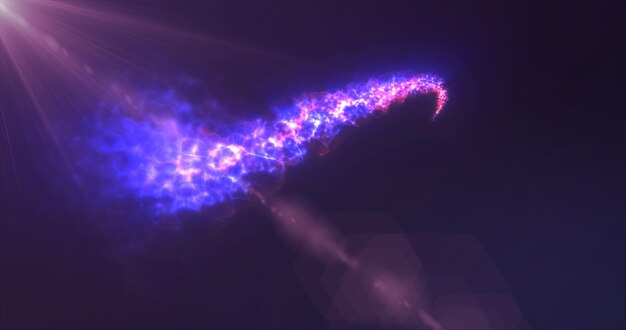 Abstrakcyjna latająca magiczna świecąca linia fioletowych cząstek energii w promieniach genialnego słońca