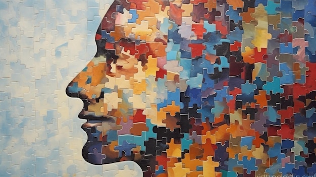 Abstrakcyjna ludzka głowa wykonana z nierozwiązanych puzzli maksymalizm psychologia mózg nerwica kompulsywny generatywny obraz AI weber