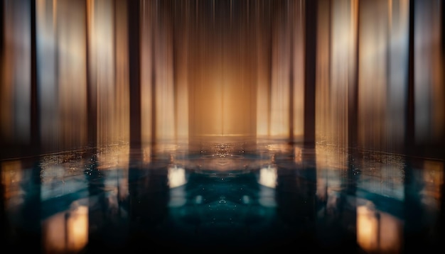 Abstrakcyjna mała scena z wielobarwnym odbiciem światła w wodzie piękne fale samopoziomująca podłoga żywica epoksydowa Puste studio z witrażami neonowymi oknami 3D ilustracją