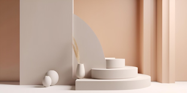 Abstrakcyjna minimalna scena z formami geometrycznymi, cylindrowe podium w kolorze kremowo-szarym, generatywny ai