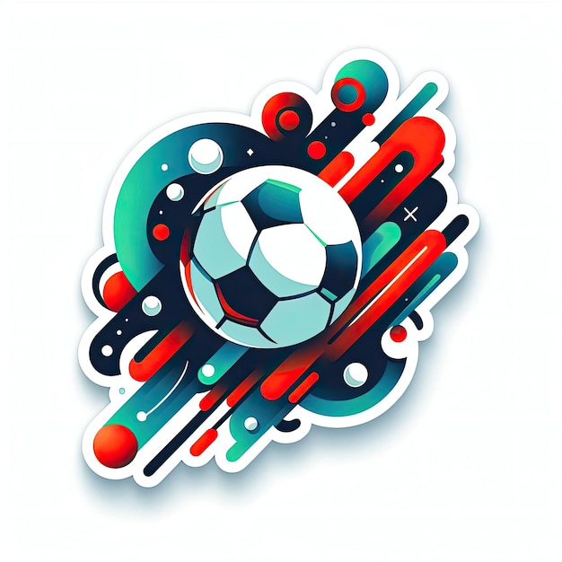 abstrakcyjna naklejka piłki nożnej otoczona różnorodnymi kolorowymi kształtami geometrycznymi