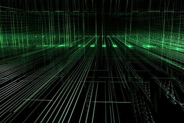 Abstrakcyjna neonowo-zielona wiązka laserowa na ciemnym tle widma ultrafioletowego Generative AI
