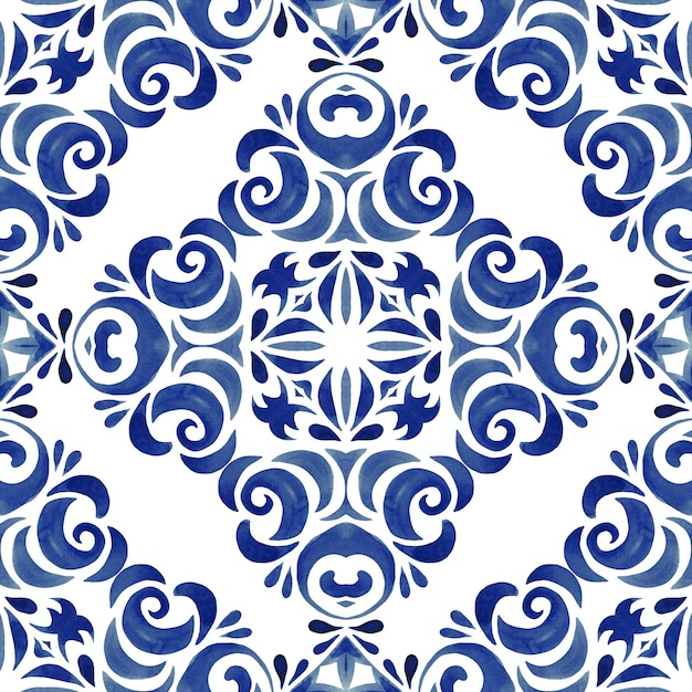 Abstrakcyjna niebieska bezszwowa ozdobna akwarelowa arabeska farba dachówka z kwiatami