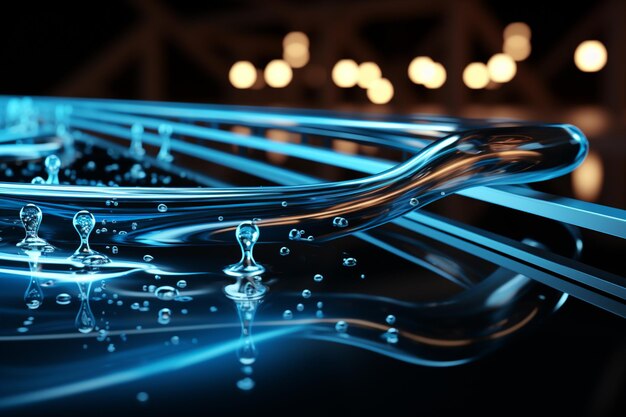 Zdjęcie abstrakcyjna niebieska cyfrowa dynamiczna fala kropli wody na ciemnym tle ai generative