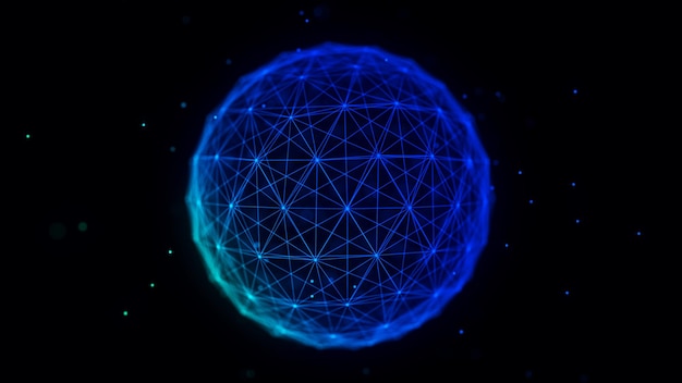 Abstrakcyjna niebieska sfera na czarnym tle Wireframe struktura koła z świecącymi cząstkami i liniami Futurystyczna ilustracja cyfrowa renderowanie 3D