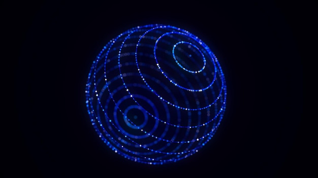Abstrakcyjna niebieska sfera na czarnym tle Wireframe struktura okrągła z świecącymi cząstkami Futuristyczna ilustracja cyfrowa renderowanie 3D