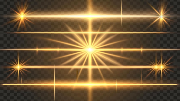 Abstrakcyjna nowoczesna ilustracja żółtej lampy LED świeci błyszczący blask słońca na horyzoncie magiczny efekt energii i dzielnik słońca to realistyczny zestaw złotych linii światła izolowanych na przezroczystym