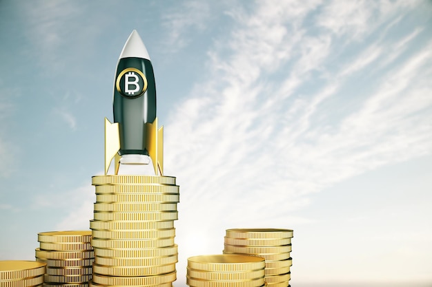 Abstrakcyjna rakieta bitcoin na złotych monetach