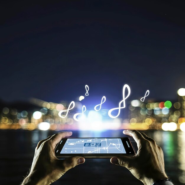 Abstrakcyjna ręka odtwarzająca nuty na smartfonie w nocy koncepcja muzyki w tle