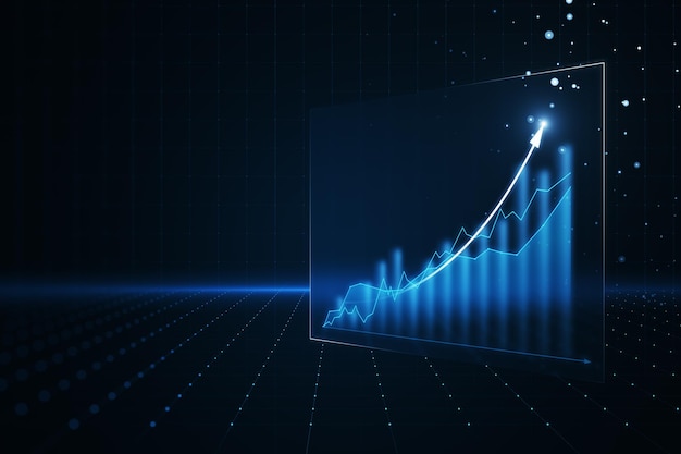 Abstrakcyjna rosnąca niebieski wykres biznesowy ze strzałką na ciemnej siatce tapety Rozwój biznesowy do sukcesu i koncepcji planu Renderowanie 3D