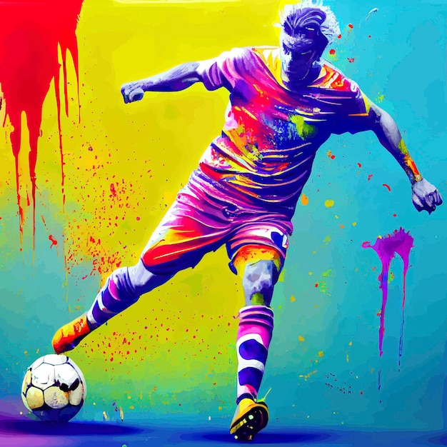 Abstrakcyjna rozpryskiwana farba graffiti przedstawiająca cień człowieka grającego w piłkę nożną z kolorową energią