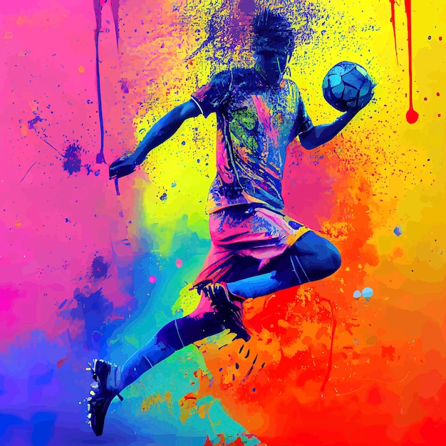 Abstrakcyjna rozpryskiwana farba graffiti przedstawiająca cień człowieka grającego w piłkę nożną z kolorową energią