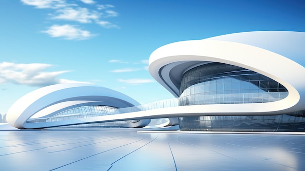 Abstrakcyjna scena architektoniczna z gładkimi krzywymi Abstrakcyjne tło z futurystycznym budynkiem w kolorach białym i niebieskim