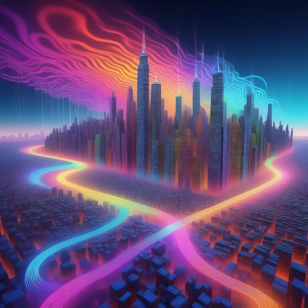 abstrakcyjna skyline miasta neon miasto ilustracja 3D