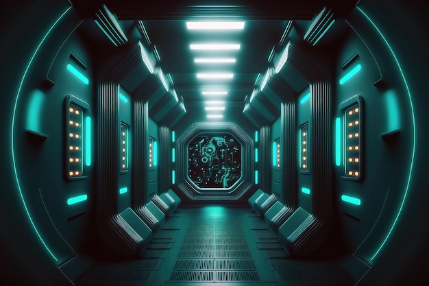 Abstrakcyjna światła tunelu neonowy korytarz Nauka o kosmosie i technologia neonowe tło Sci Fy neon świecące lampy w ciemnym tunelu AI