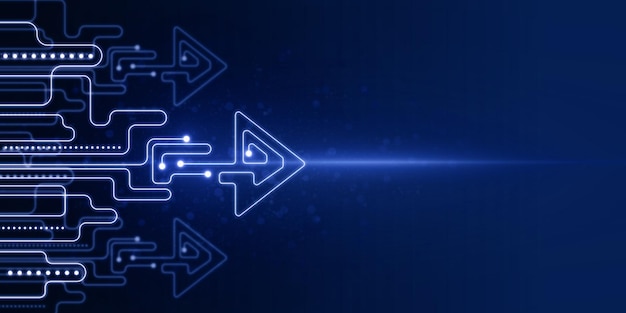 Abstrakcyjna świecąca cyfrowa strzała startowa na niebieskim tle z światłem i makietą miejsca Start up innowacji biznesowych i koncepcji kierunku 3D Rendering