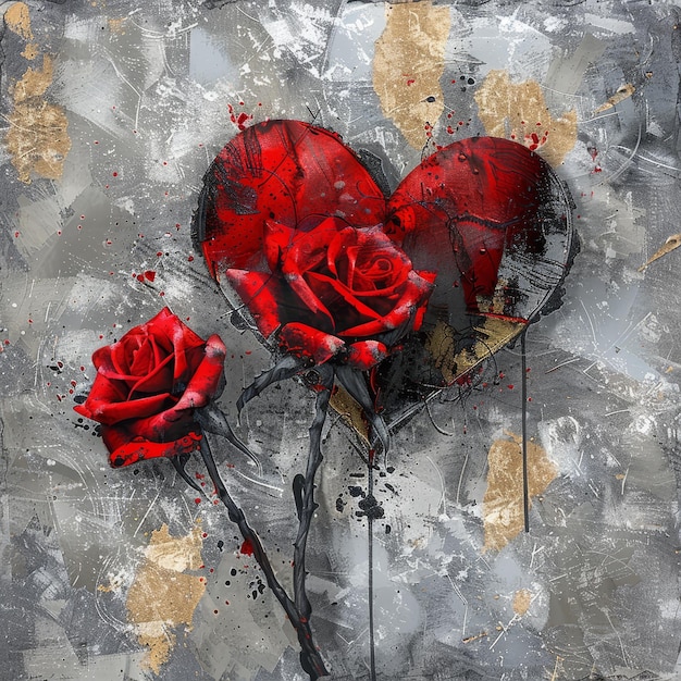 Abstrakcyjna sztuka czerwonej róży i serca na teksturowanym tle