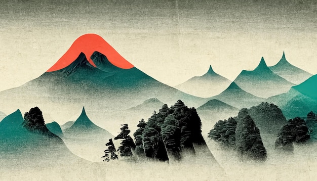 Abstrakcyjna sztuka górskiego krajobrazu akwarela atrament styl Japonia natura tło ilustracja 3D