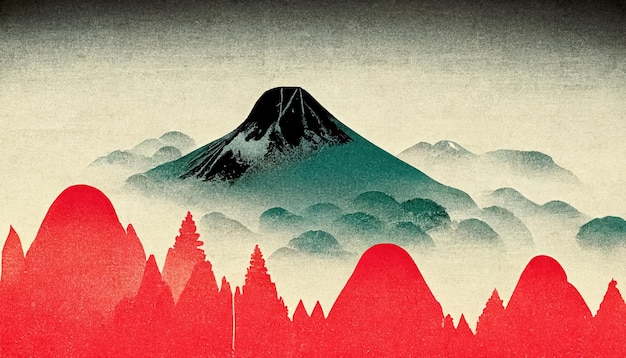 Abstrakcyjna sztuka górskiego krajobrazu akwarela atrament styl Japonia natura tło ilustracja 3D