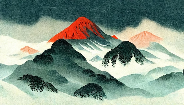 Abstrakcyjna sztuka górskiego krajobrazu akwarela atrament styl Japonia natura tło ilustracja 3D