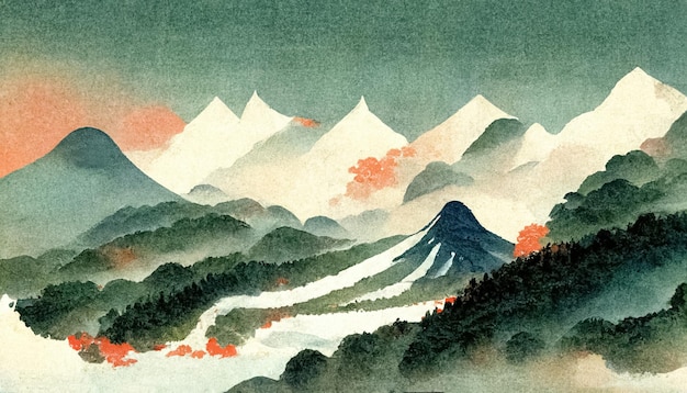 Abstrakcyjna sztuka górskiego krajobrazu akwarela atrament styl Japonia natura tło ilustracja 3D