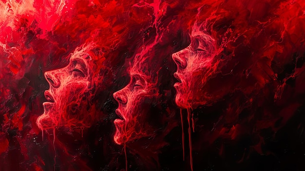 Abstrakcyjna sztuka piekło minimalny czerwony ból ogień ukryte twarze