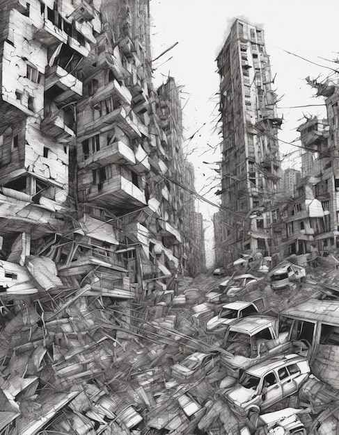 abstrakcyjna sztuka pióra, która wykorzystuje temat zniszczenia miast