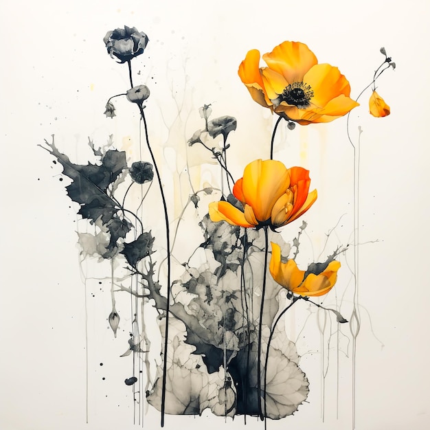 Abstrakcyjna sztuka tła, akwarela przedstawiająca kwiaty przy użyciu rozprysków czarnego atramentu. Generative Ai