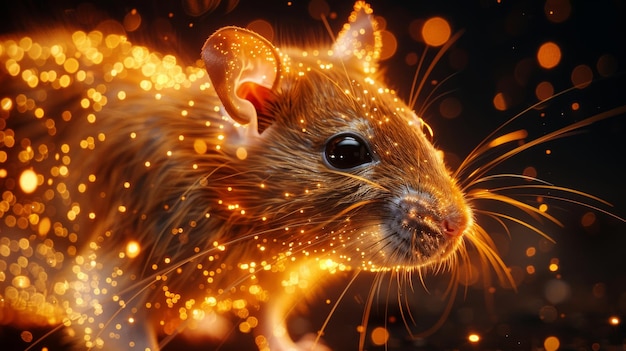 Zdjęcie abstrakcyjna tekstura w kolorze złotym z wizerunkiem szczura w stylu wielokątnym na ciemnym tle na nowy rok 2020