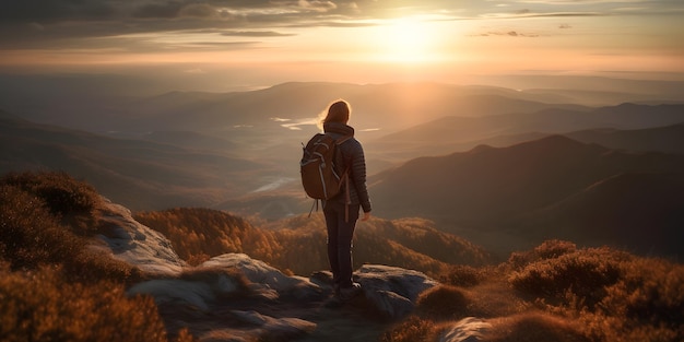 Abstrakcyjna turystka stoi na szczycie trudnej wspinaczki górskiej, aby powitać ją pięknym widokiem wschodu słońca Generative ai Styl fotografii reklamowej
