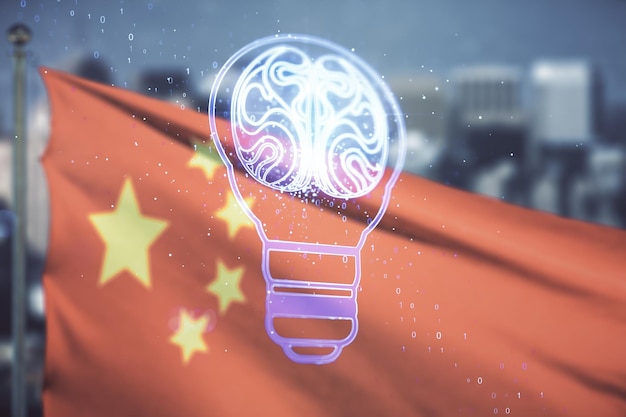 Abstrakcyjna wirtualna koncepcja idei z żarówką i ilustracją ludzkiego mózgu na chińskiej fladze i tle miasta Sieci neuronowe i koncepcja uczenia maszynowego Multiexposure