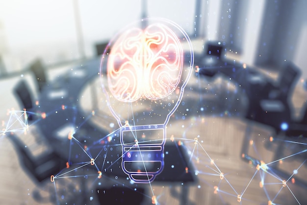 Abstrakcyjna wirtualna kreatywna żarówka z hologramem ludzkiego mózgu na tle nowoczesnej sali konferencyjnej koncepcja sztucznej inteligencji i sieci neuronowych