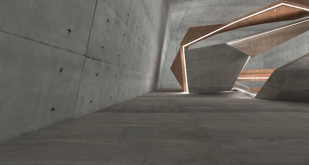 Abstrakcyjne architektoniczne betonowe drewno i szkło gładkie wnętrze minimalistycznego domu