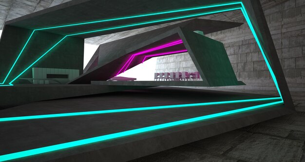 Abstrakcyjne architektoniczne betonowe wnętrze nowoczesnej willi nad morzem z kolorowym oświetleniem neonowym 3D