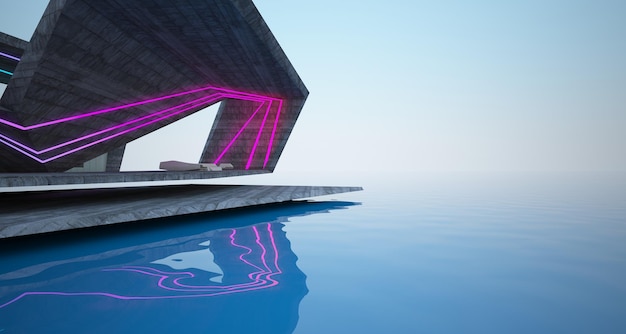 Abstrakcyjne architektoniczne betonowe wnętrze nowoczesnej willi nad morzem z kolorowym oświetleniem neonowym 3D