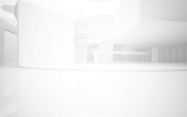 Abstrakcyjne architektoniczne białe gładkie wnętrze minimalistycznego domu z dużymi oknami 3D
