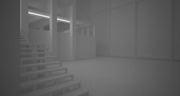 Abstrakcyjne architektoniczne białe wnętrze minimalistycznego domu z dużymi oknami ilustracja 3D