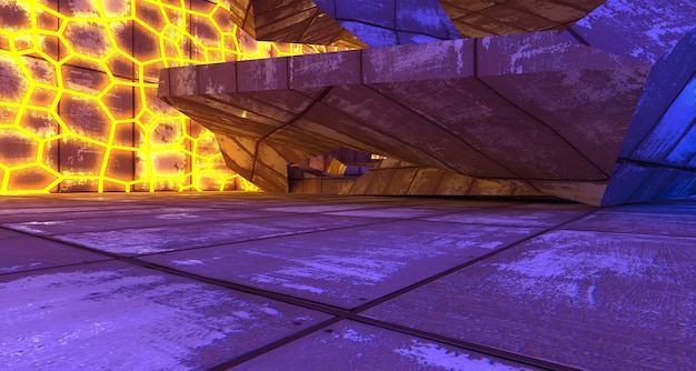 Abstrakcyjne betonowe futurystyczne wnętrze SciFi z różowymi i niebieskimi świecącymi neonowymi rurkami 3D illustratio