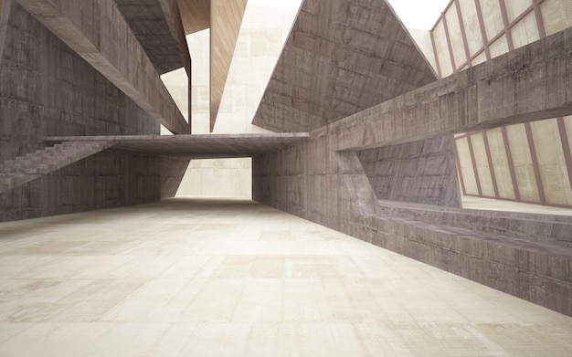 Abstrakcyjne betonowe i drewniane wnętrze wielopoziomowej przestrzeni publicznej z neonowym oświetleniem 3D ilustracji